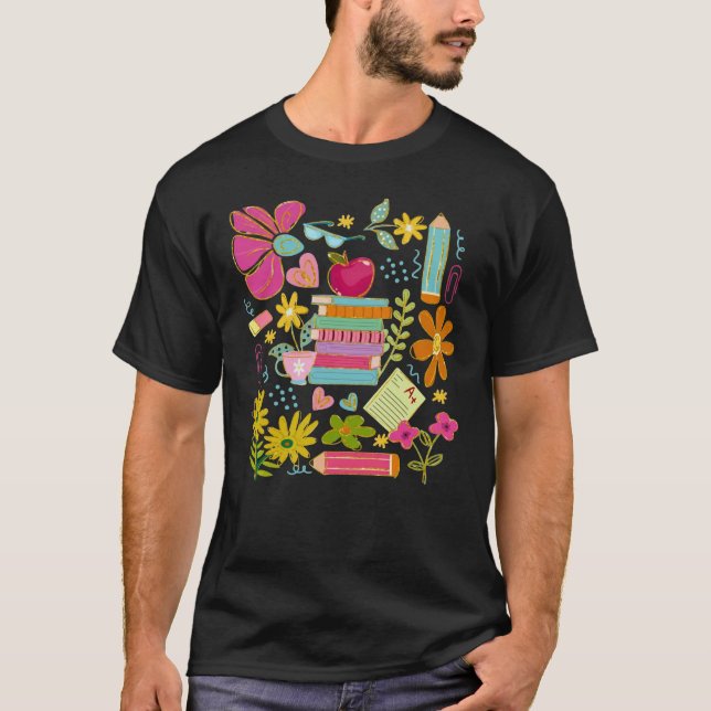Cute Teacher Doodle Art – Books, Flowers & School T Shirt (Framsida)