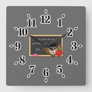 Cute Teacher Uggla med Apple Tecknad Fyrkantig Klocka