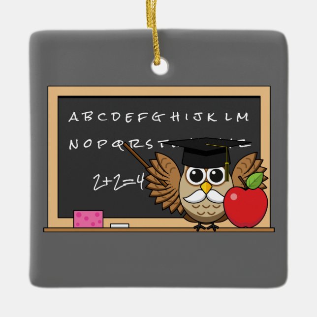 Cute Teacher Uggla med Apple Tecknad Julgransprydnad Keramik (Framsida)