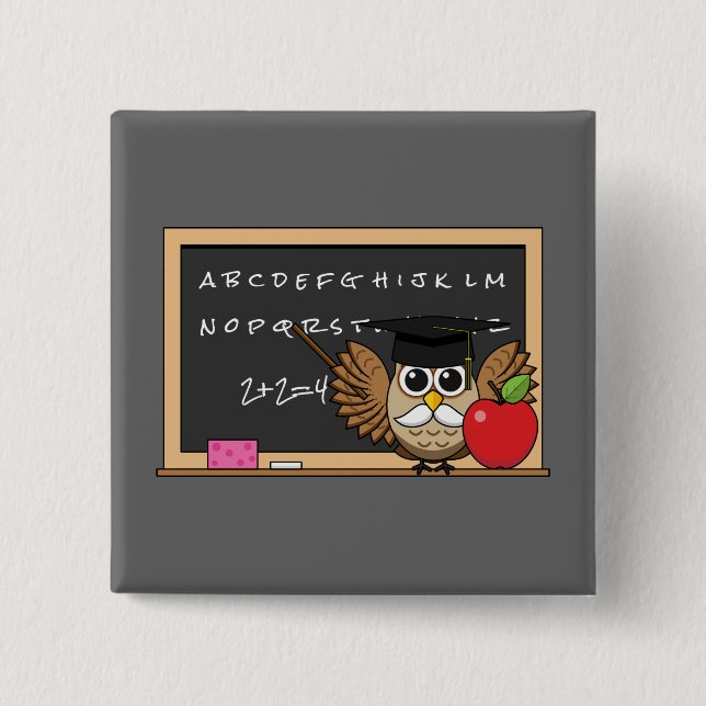 Cute Teacher Uggla med Apple Tecknad Knapp (Framsida)