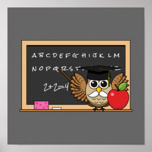 Cute Teacher Uggla med Apple Tecknad Poster