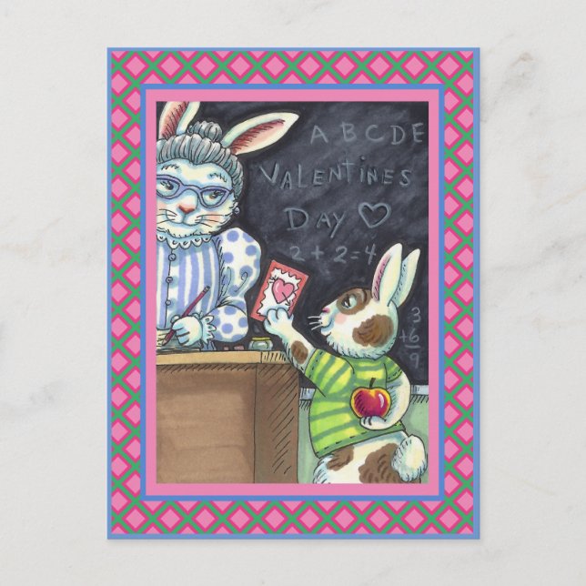 CUTE TEACHER'S PET, APPLE & VALENTINE BUNNY KIN HELG VYKORT (Framsida)