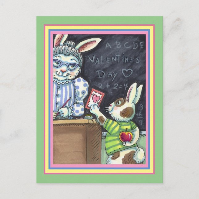 CUTE TEACHER'S PET, APPLE & VALENTINE BUNNY KIN HELG VYKORT (Framsida)