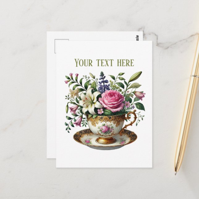 Cute teacup flowers customizable  vykort (Fram/Back In Situ)
