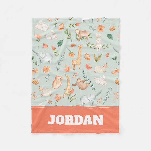 Cute Teal Baby djur Pastel Mönster Fleecefilt (Framsidan)