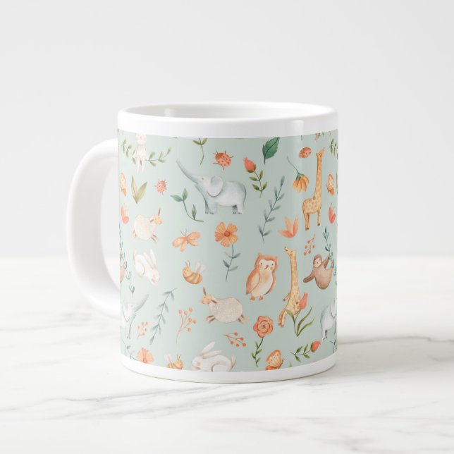 Cute Teal Baby djur Pastel Mönster Jumbo Mugg (Framsida vänster)