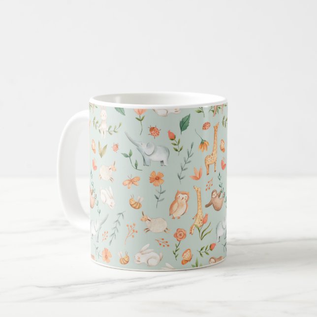 Cute Teal Baby djur Pastel Mönster Kaffemugg (Framsida vänster)