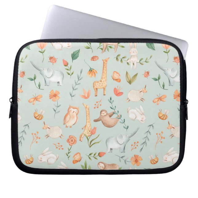 Cute Teal Baby djur Pastel Mönster Laptop Fodral (Framsidan)