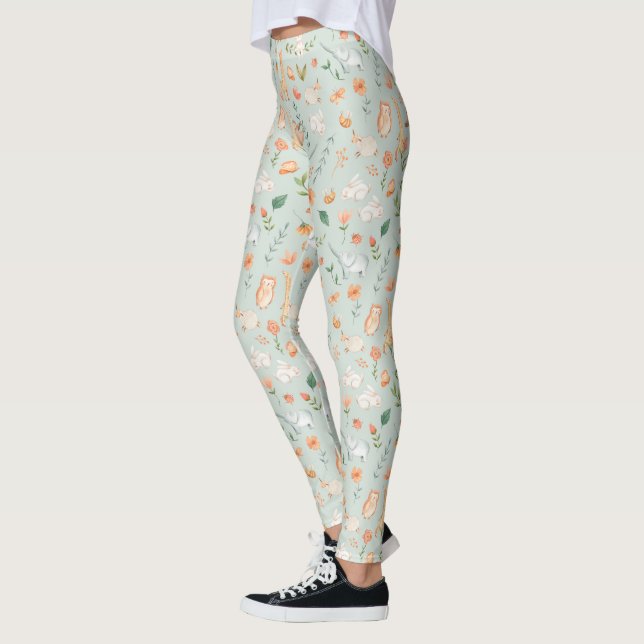 Cute Teal Baby djur Pastel Mönster Leggings (Vänster)