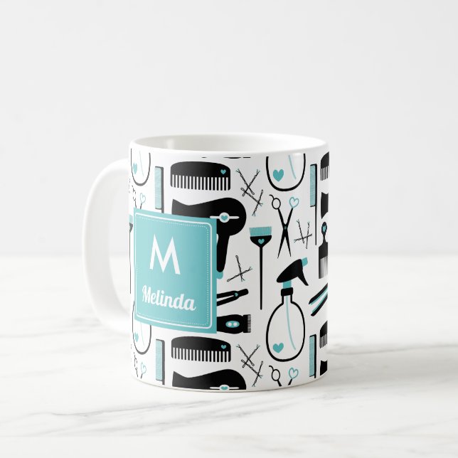 Cute Teal Black Hair Stylist Mönster Monogram Kaffemugg (Framsida vänster)