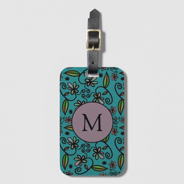 Cute Teal Blommönster Monogram Bagagebricka (Framsida vertikal)