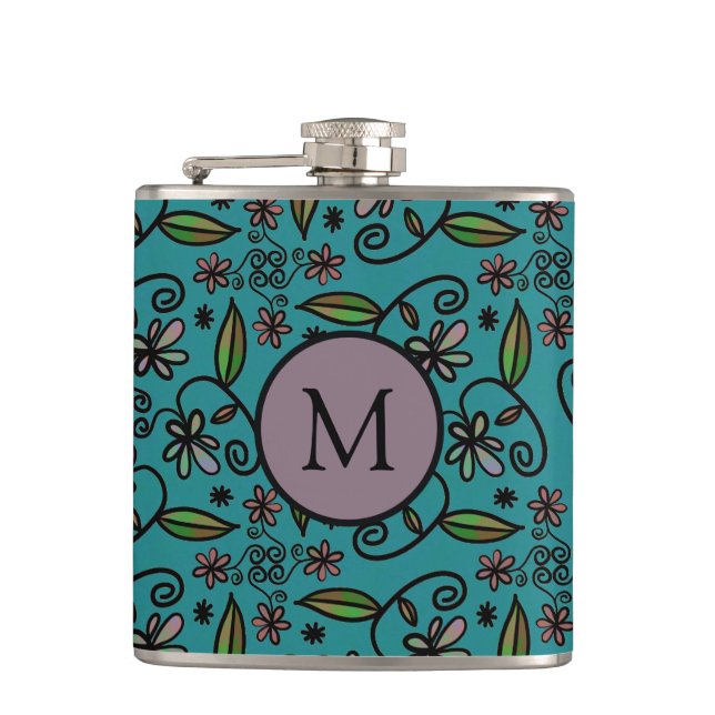 Cute Teal Blommönster Monogram Fickplunta (Framsidan)