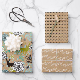 Cute Teal Blue Grönt Blommigt och Hjort Art Mönste