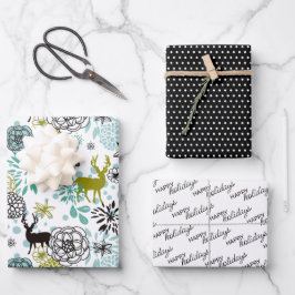 Cute Teal Blue Grönt Blommigt och Hjort Art Mönste