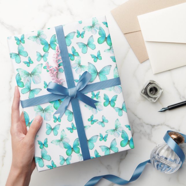 Cute Teal Butterflies Mönster Pastel Presentpapper (Gifting)