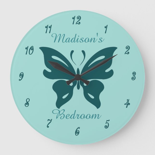 Cute Teal Butterfly Anpassningsbar Girl Girl's Bed Stor Klocka (Framsida)