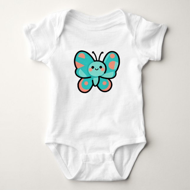 Cute Teal Butterfly Kawaii Art Baby Clothes T Shirt (Framsida)
