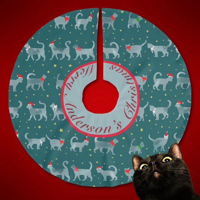 Cute Teal Cat Silhouettes i julklapp Julgransmatta Borstad Polyester (Cute teal watercolor cats strut across a deep teal Christmas tree skirt in Santa hats.  )