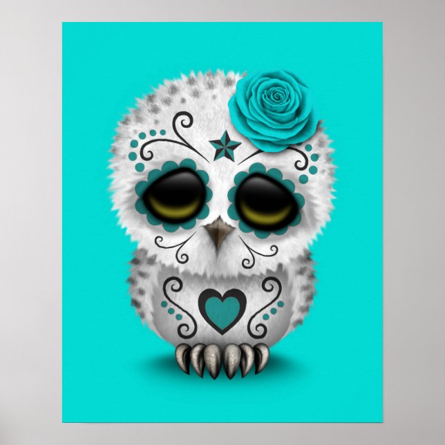Cute Teal Day of the dead Sugar Skull Uggla Blue Poster (Framsidan)