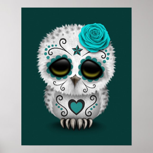 Cute Teal Day of the dead Sugar Skull Uggla Poster (Framsidan)