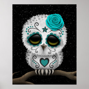Cute Teal Day of the dead Sugar Skull Uggla Stars Poster