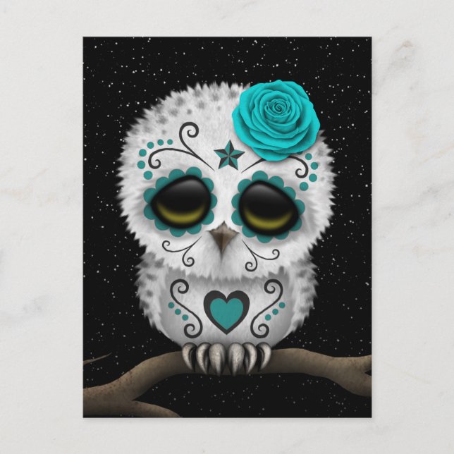 Cute Teal Day of the dead Sugar Skull Uggla Stars Vykort (Framsida)