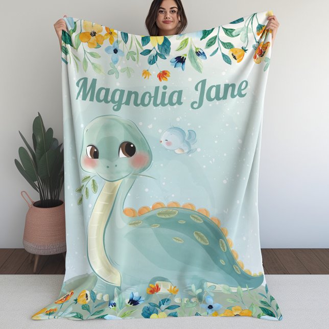 Cute Teal Dinosaur Kids Blanket med  blommor Fleecefilt (Cute Teal Dinosaur Kids Blanket with Blush Flowers)