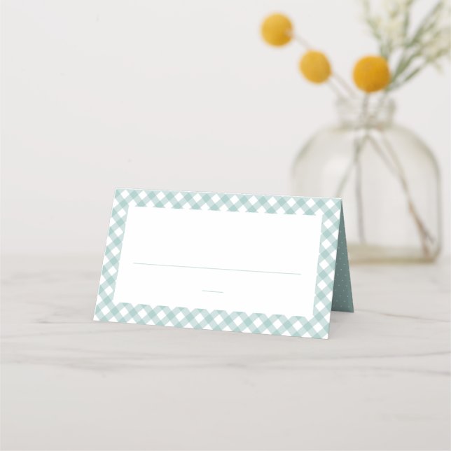 Cute teal gingham, enkel neutralt babydusch placeringskort (Framsida)