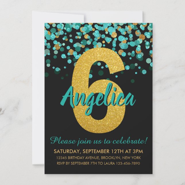 Cute Teal Glitter Black Confetti 6e Inbjudningar (Framsida)