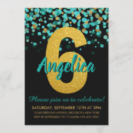Cute Teal Glitter Black Confetti 6e Inbjudningar