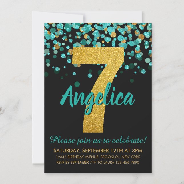 Cute Teal Glitter Black Confetti 7:e Inbjudningar (Framsida)