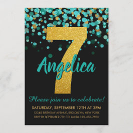 Cute Teal Glitter Black Confetti 7:e Inbjudningar