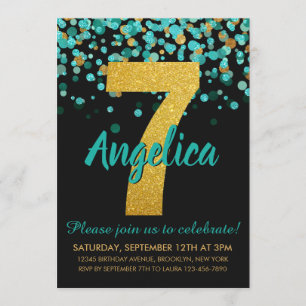 Cute Teal Glitter Black Confetti 7:e Inbjudningar