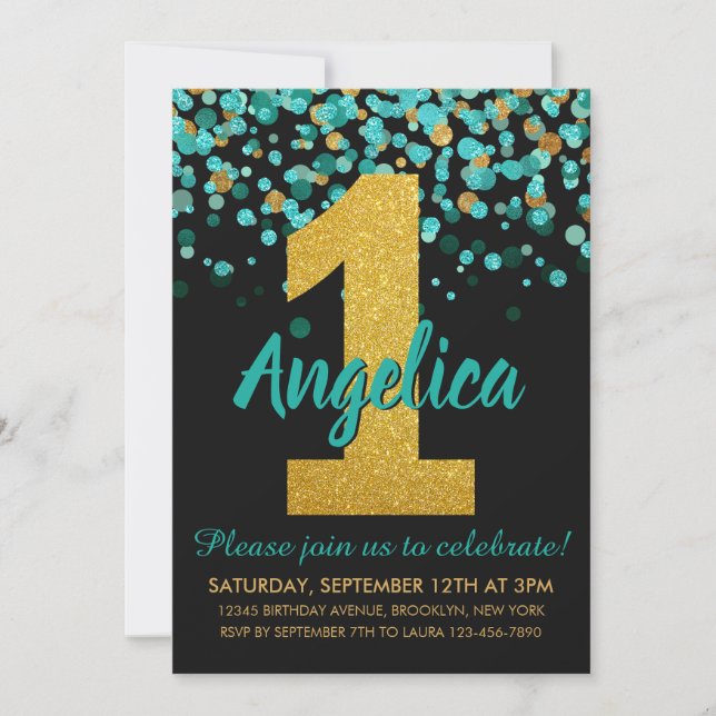 Cute Teal Glitter Black Confetti Guld 1:a födelsed Inbjudningar (Framsida)