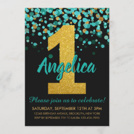 Cute Teal Glitter Black Confetti Guld 1:a födelsed Inbjudningar