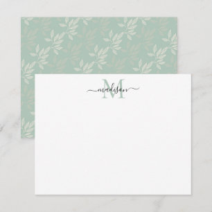 Cute Teal Grönt Blommigt Löv Monogram Script Namn Anteckningskort