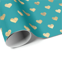 Cute Teal Guld Hearts Mönster Wrapping Papper