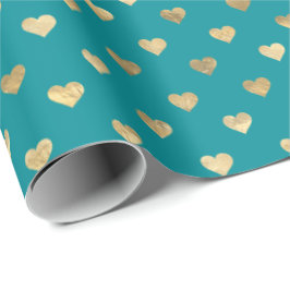 Cute Teal Guld Hearts Mönster Wrapping Papper Presentpapper