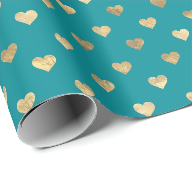 Cute Teal Guld Hearts Mönster Wrapping Papper Presentpapper (Rullad Hörn)