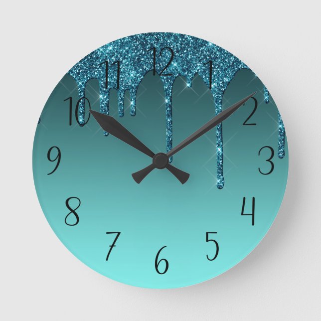 Cute Teal-inskjutning Glitter-rund klocka (Framsida)