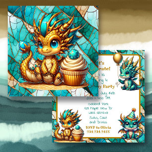 Cute Teal och Guld Dragon Boy's Födelsedagsfest Inbjudningar