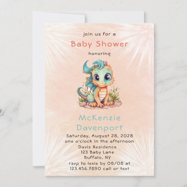 Cute Teal Orange Dragon Boy Shower Inbjudningar (Framsida)