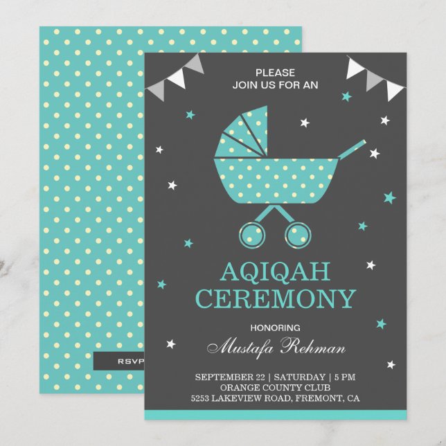 Cute Teal Pram Pojke Aqiqah Inbjudningar (Fram/baksida)