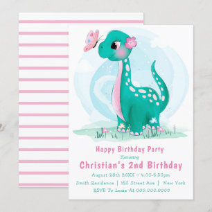 Cute Teal Rosa Dinosaur 2:a födelsedagsinbjudan