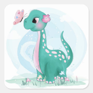 Cute Teal Rosa Dinosaur Butterfly Girl Baby Shower Fyrkantigt Klistermärke