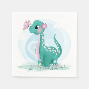Cute Teal Rosa Dinosaur Butterfly Girl Baby Shower Pappersservett