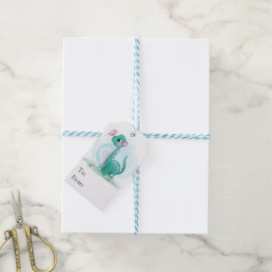 Cute Teal Rosa Dinosaur Butterfly Girl Baby Shower Presentetikett