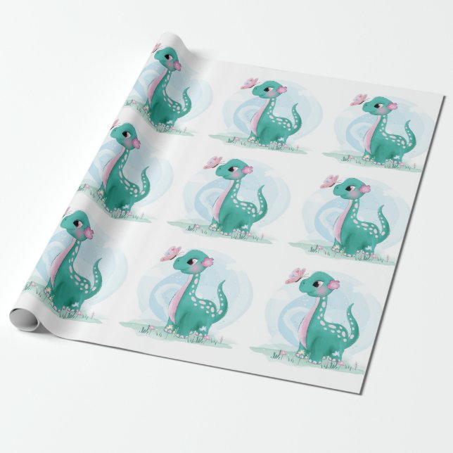Cute Teal Rosa Dinosaur Butterfly Girl Baby Shower Presentpapper (Utrullad)