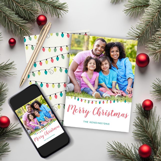 Cute Teal Rosa Ljus Helgdag Photo Julkort (Cute Teal Pink Christmas Lights Holiday Photo Christmas Card)