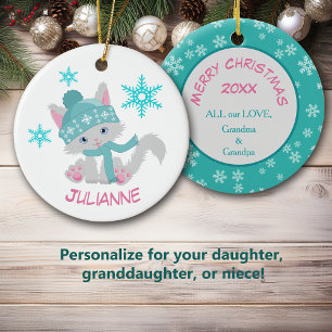 Cute Teal Snowflake Kitten Julgransprydnad Keramik